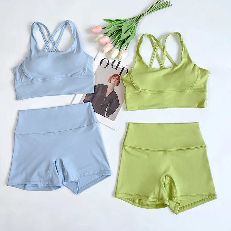 2 pçs conjuntos de yoga nu sentir ginásio conjunto feminino roupas de treino cintura alta shorts de yoga e tiras sutiã esportivo conjuntos curtos verão