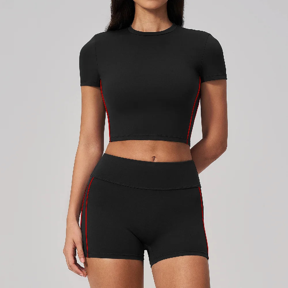 Conjunto de Roupas de Yoga Feminino 2 Peças, Roupa Esportiva para Corrida e Treino, Conjunto de Ginástica com Camiseta de Mangas Curtas, Vestuário Esportivo para Yoga