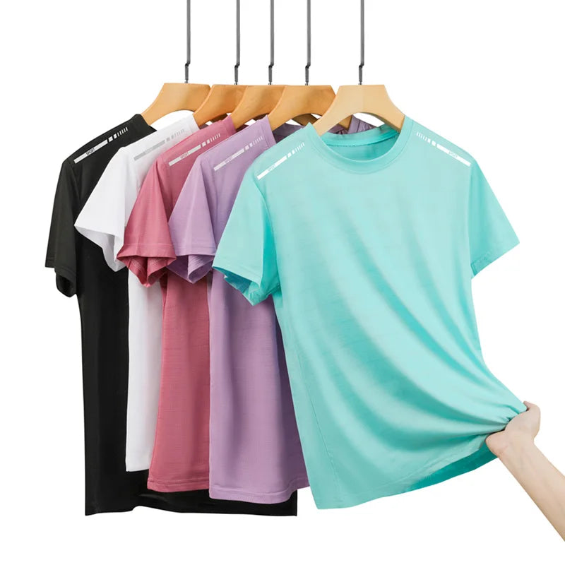 Camiseta de Verão em Malha para Mulheres, Camiseta de Corrida ao Ar Livre com Faixa Refletiva, Manga Curta Respirável, Camiseta Esportiva Elástica para Fitness