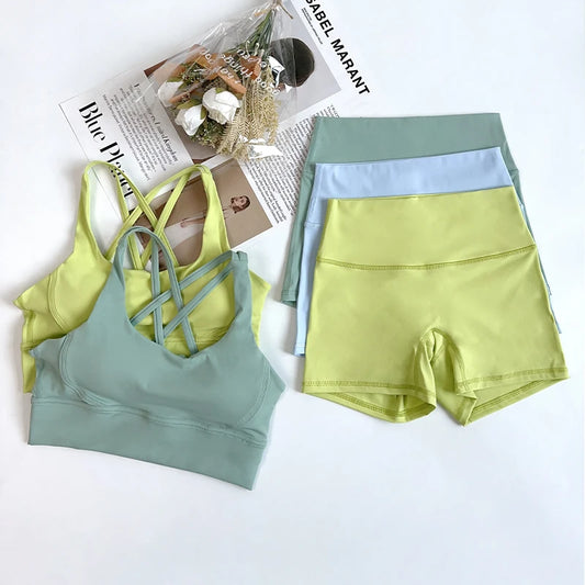 2 pçs conjuntos de yoga nu sentir ginásio conjunto feminino roupas de treino cintura alta shorts de yoga e tiras sutiã esportivo conjuntos curtos verão