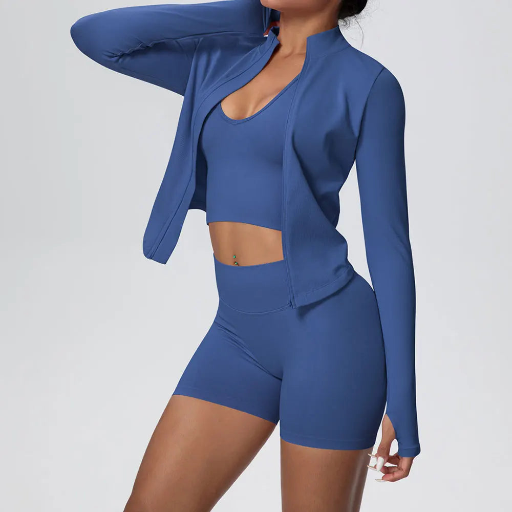 Mulheres sem costura conjunto de yoga 3 pçs roupas de treino esportes ginásio legging à prova de choque sutiã de fitness colheita superior manga longa terno de yoga