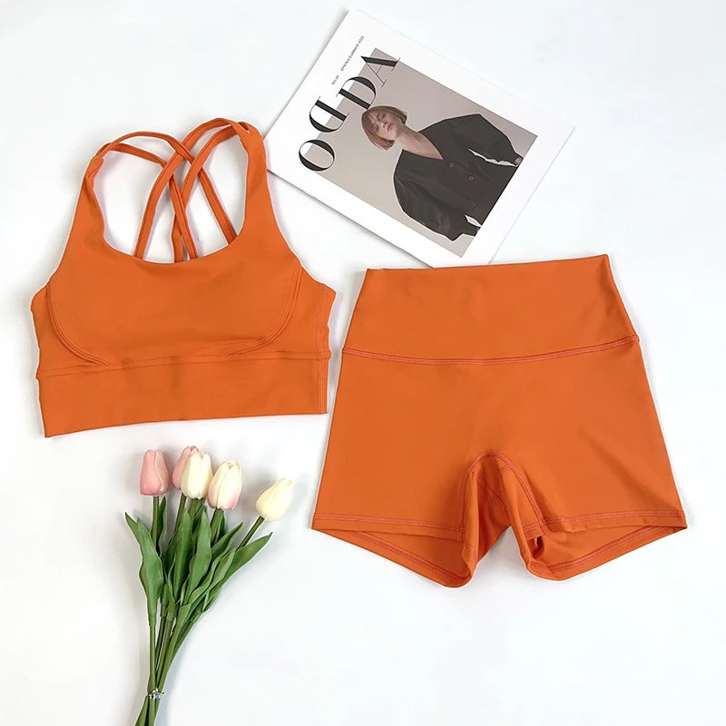 2 pçs conjuntos de yoga nu sentir ginásio conjunto feminino roupas de treino cintura alta shorts de yoga e tiras sutiã esportivo conjuntos curtos verão