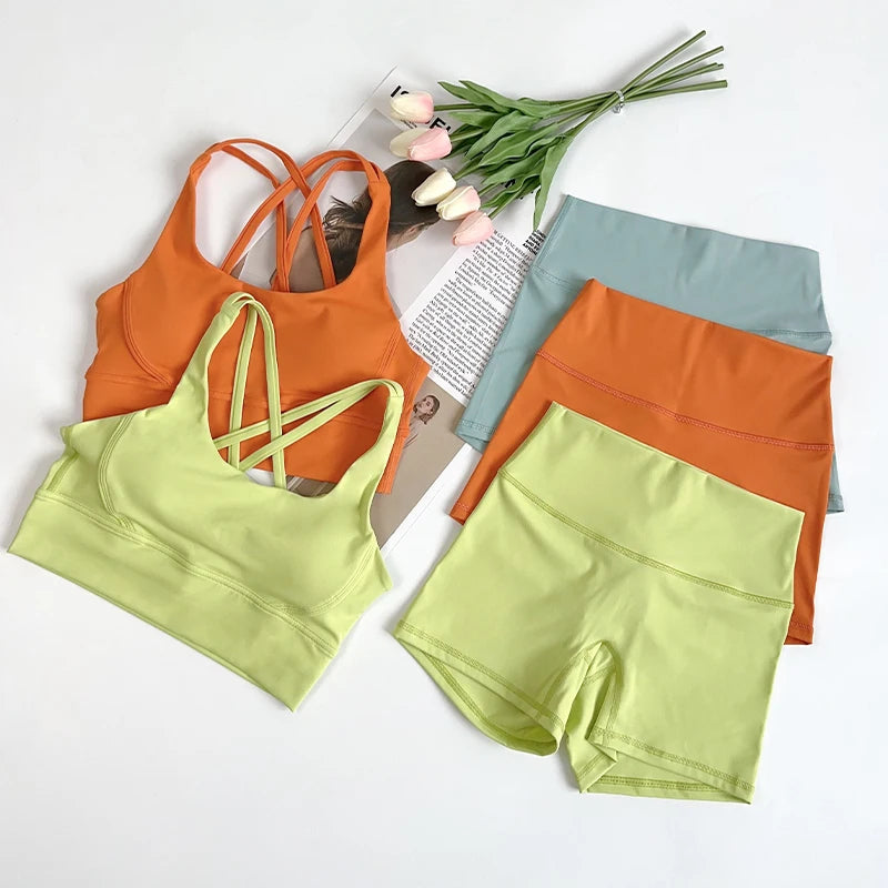 2 pçs conjuntos de yoga nu sentir ginásio conjunto feminino roupas de treino cintura alta shorts de yoga e tiras sutiã esportivo conjuntos curtos verão