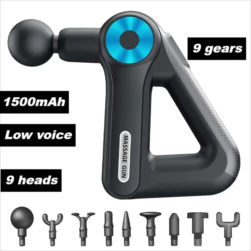 Mini pistola de massagem triangular para pescoço e coluna cervical com 9 cabeças de massagem, 9 níveis de intensidade ajustável e baixo ruído.