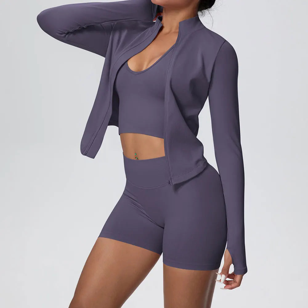 Mulheres sem costura conjunto de yoga 3 pçs roupas de treino esportes ginásio legging à prova de choque sutiã de fitness colheita superior manga longa terno de yoga
