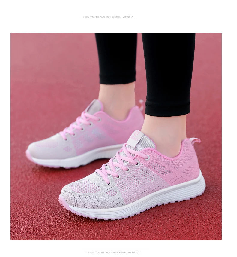 Tênis Casuais Femininos, Moda Respirável, Sapatos Planos de Malha para Caminhada, Tênis para Corrida e Academia, Calçados Femininos Brancos