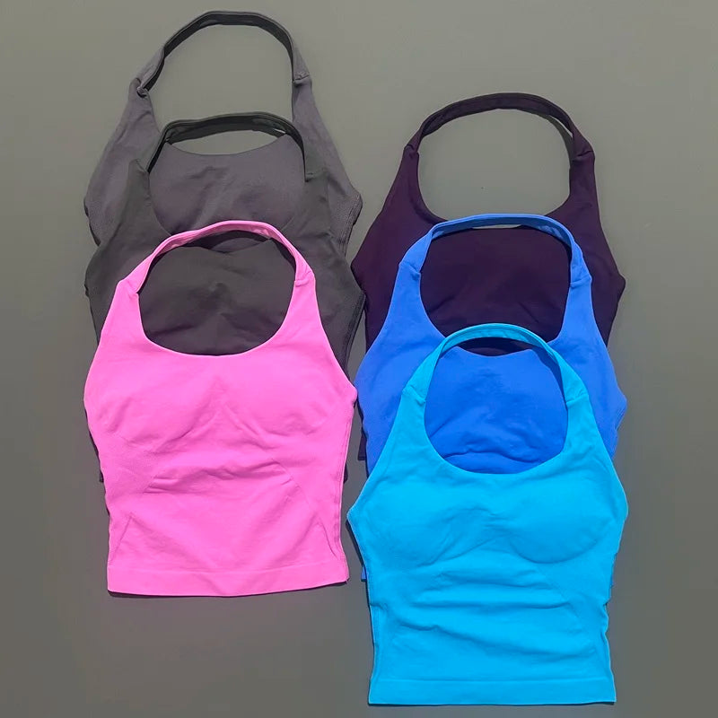 HISTELLO Top Halter Sem Costura Longline com Alças para Academia Feminino com Sutiã Embutido e Bojo Removível - Roupa Ativa para Yoga