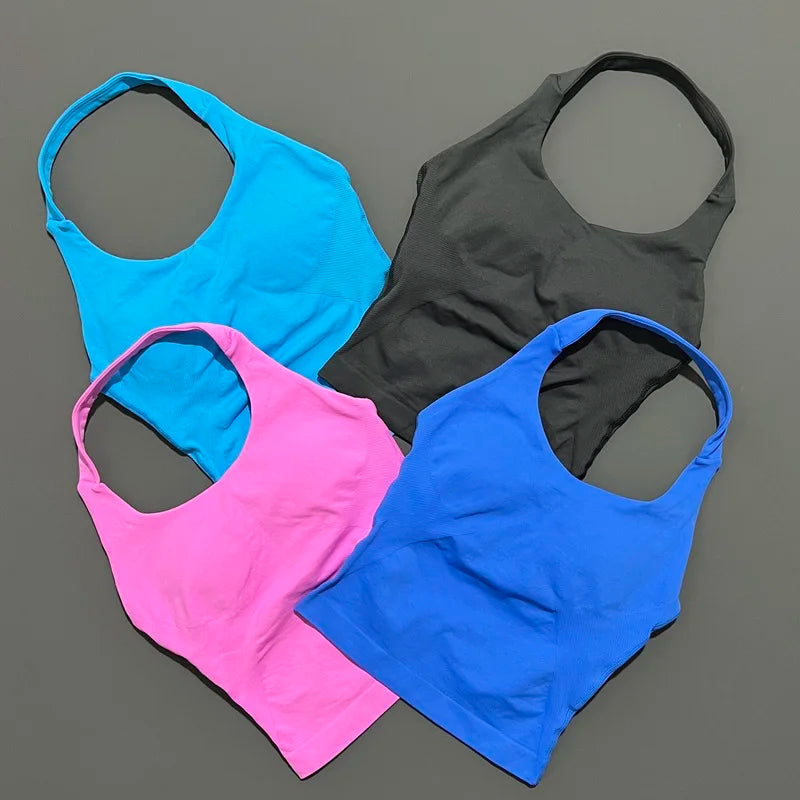 HISTELLO Top Halter Sem Costura Longline com Alças para Academia Feminino com Sutiã Embutido e Bojo Removível - Roupa Ativa para Yoga