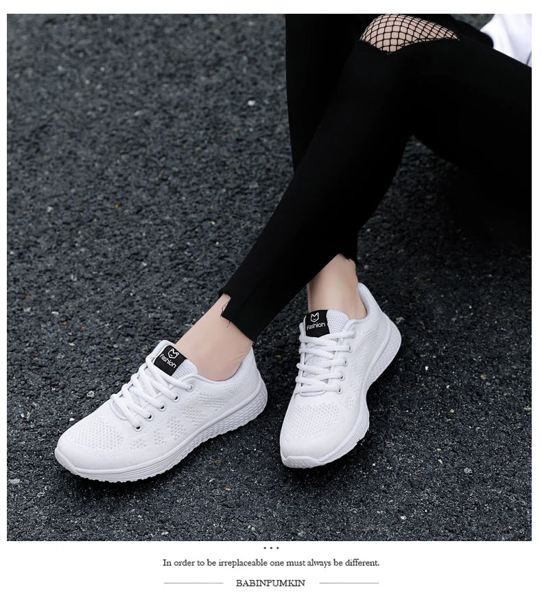 Tênis Casuais Femininos, Moda Respirável, Sapatos Planos de Malha para Caminhada, Tênis para Corrida e Academia, Calçados Femininos Brancos