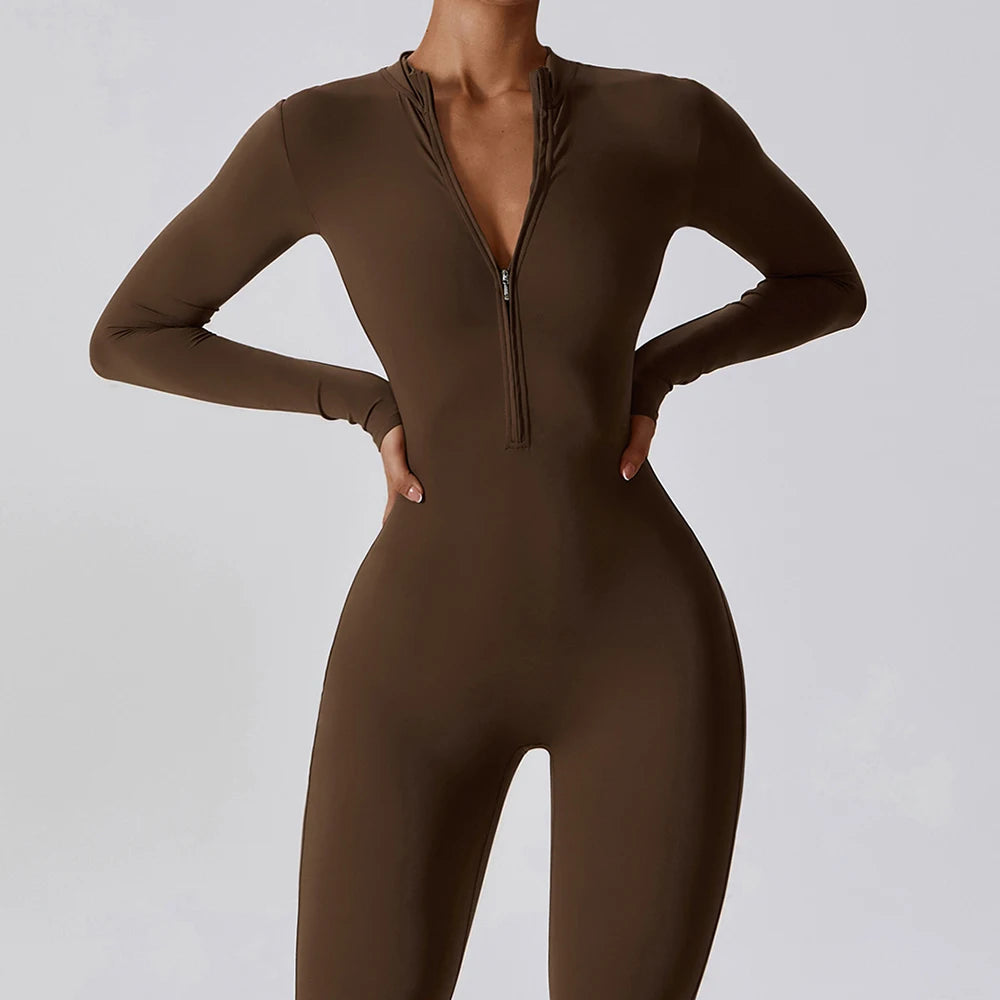 Yoga boilersuit manga comprida roupas esportivas femininas ginásio zíper macacões treino de alta intensidade fitness uma peça vestuário apertado da pele