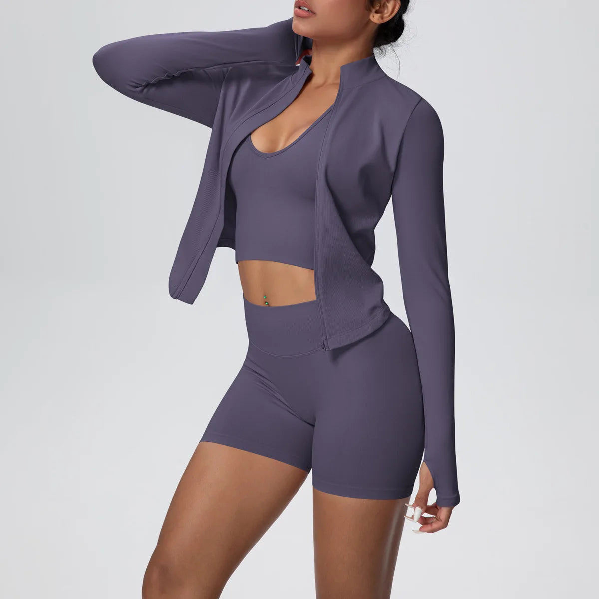 Mulheres sem costura conjunto de yoga 3 pçs roupas de treino esportes ginásio legging à prova de choque sutiã de fitness colheita superior manga longa terno de yoga