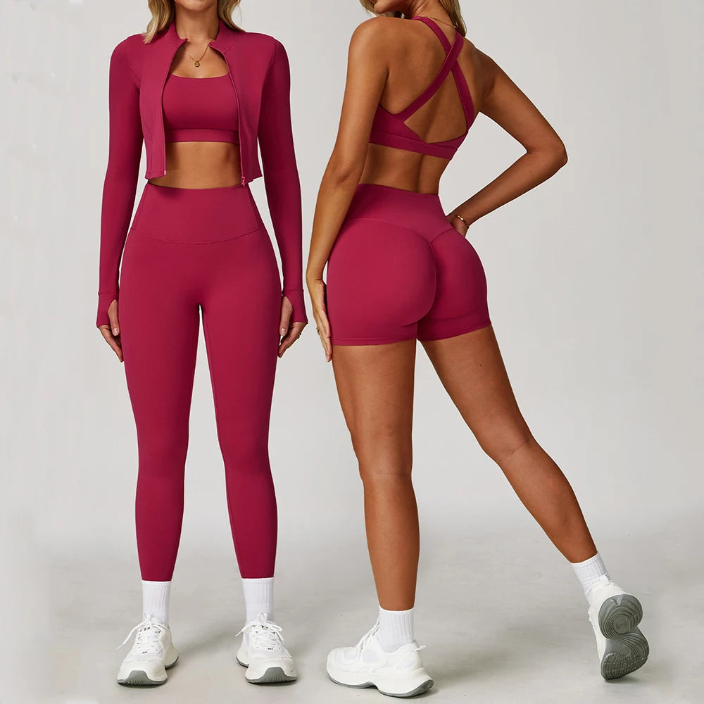 3 pçs conjunto de yoga roupas de ginásio 2 pçs roupas esportivas femininas ternos de yoga conjunto de fitness treino feminino jaqueta esportiva manga longa ginásio legging