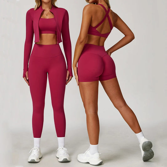 3 pçs conjunto de yoga roupas de ginásio 2 pçs roupas esportivas femininas ternos de yoga conjunto de fitness treino feminino jaqueta esportiva manga longa ginásio legging
