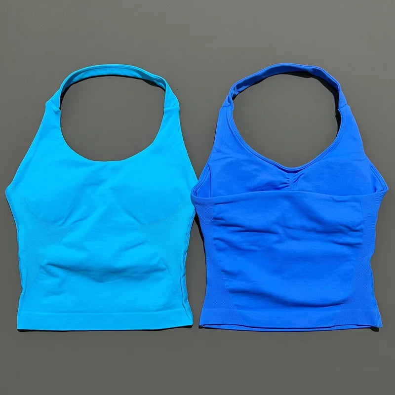 HISTELLO Top Halter Sem Costura Longline com Alças para Academia Feminino com Sutiã Embutido e Bojo Removível - Roupa Ativa para Yoga