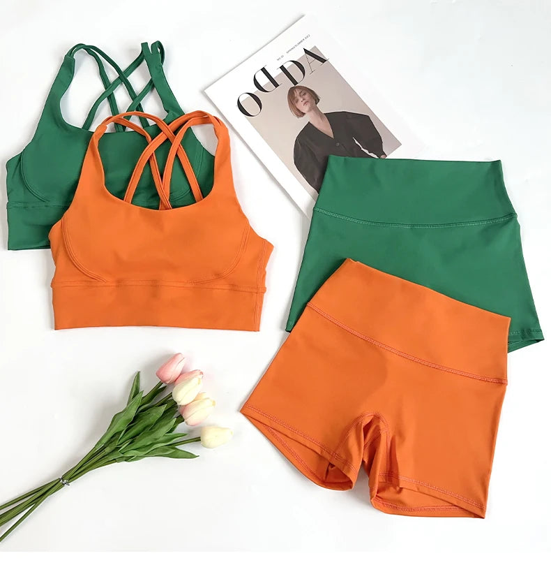 2 pçs conjuntos de yoga nu sentir ginásio conjunto feminino roupas de treino cintura alta shorts de yoga e tiras sutiã esportivo conjuntos curtos verão