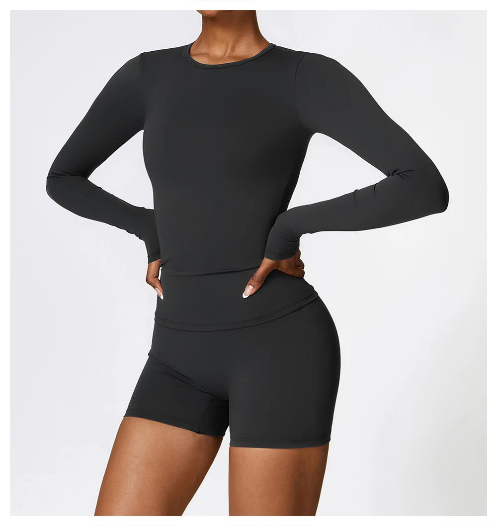 Manga comprida Yoga T-shirts para as Mulheres, Sólidos Top Sports, Ginásio Workout, Running Camisas, Sexy Exposto Umbigo, Quick Dry Fitness Wear