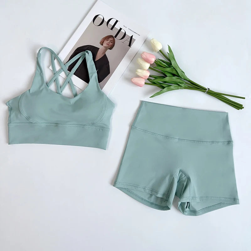 2 pçs conjuntos de yoga nu sentir ginásio conjunto feminino roupas de treino cintura alta shorts de yoga e tiras sutiã esportivo conjuntos curtos verão