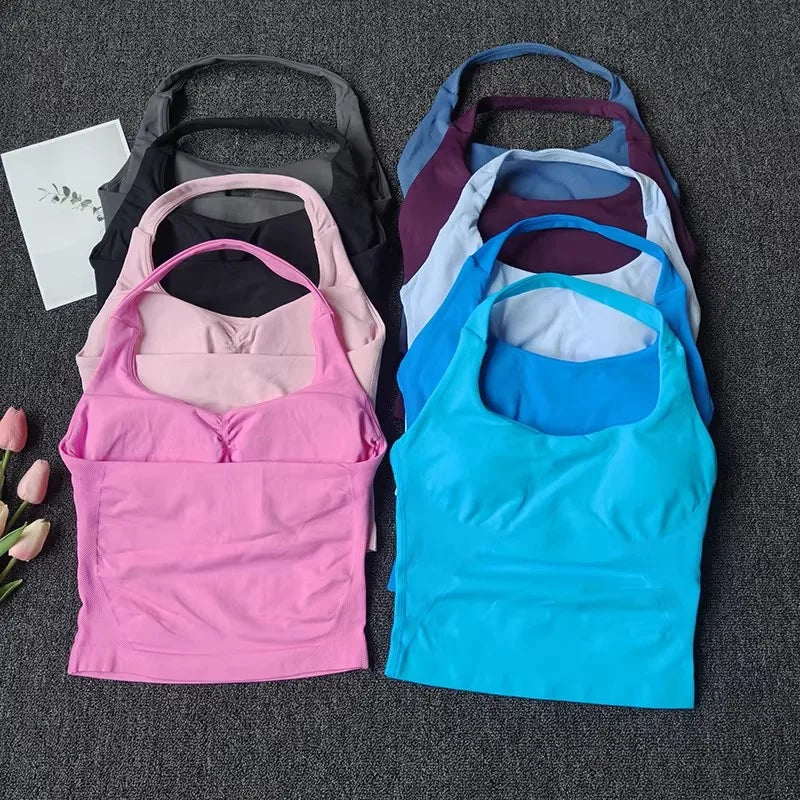 Conjunto Esportivo Feminino com Top Halter Sem Costas e Alças Acolchoadas, Sutiã Esportivo Antichoque para Yoga, Academia, Fitness e Uso Diário ao Ar Livre