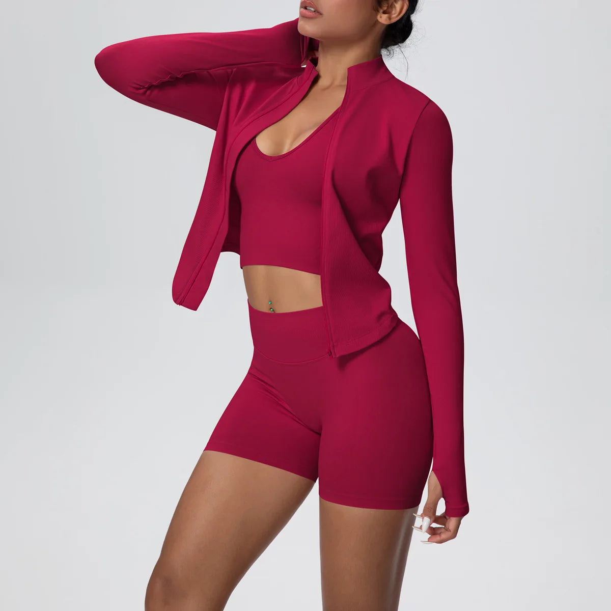 Mulheres sem costura conjunto de yoga 3 pçs roupas de treino esportes ginásio legging à prova de choque sutiã de fitness colheita superior manga longa terno de yoga