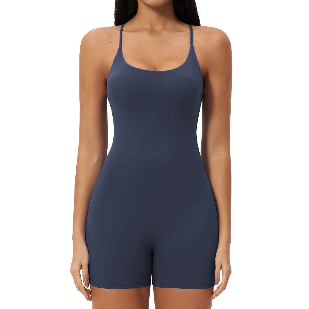 Macacão de Yoga Feminino com Alças Cruzadas nas Costas, Roupas de Treino para Mulheres, Bodysuits Esportivos de Uma Peça