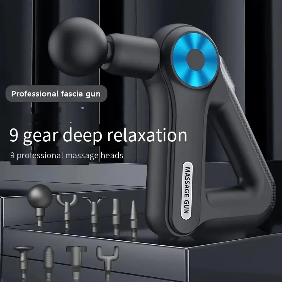 Mini pistola de massagem triangular para pescoço e coluna cervical com 9 cabeças de massagem, 9 níveis de intensidade ajustável e baixo ruído.