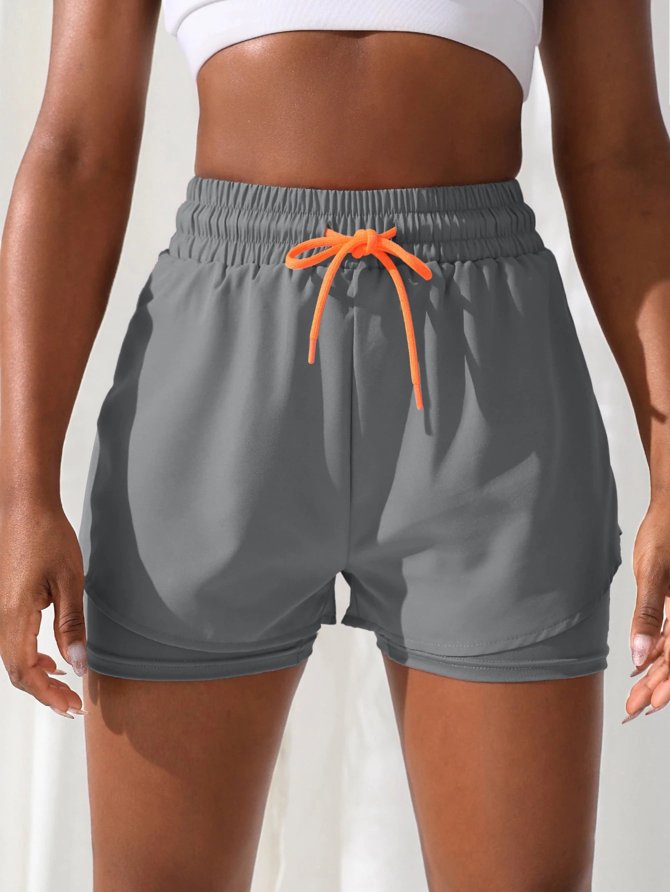 Shorts de ioga femininos de cintura alta com controle de proximidade elástico, shorts de corrida, calças falsas de duas peças
