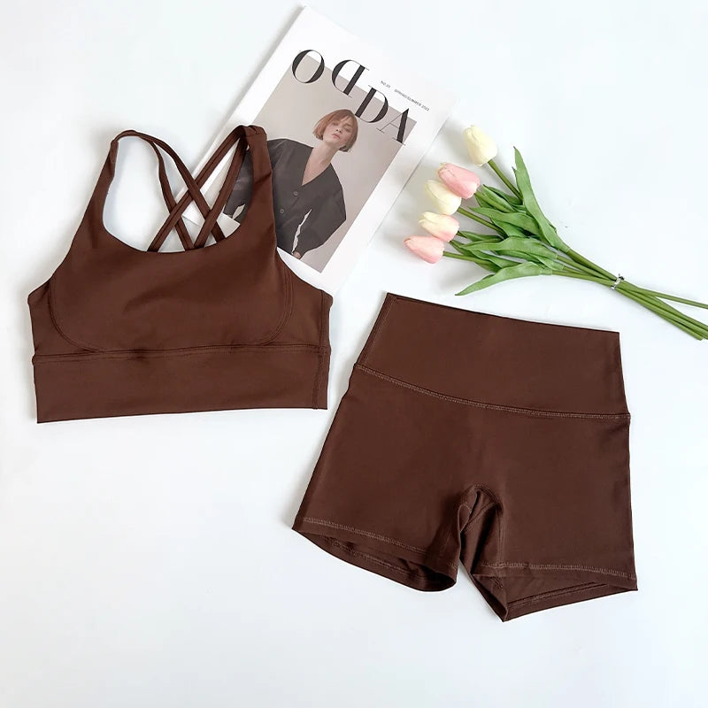 2 pçs conjuntos de yoga nu sentir ginásio conjunto feminino roupas de treino cintura alta shorts de yoga e tiras sutiã esportivo conjuntos curtos verão