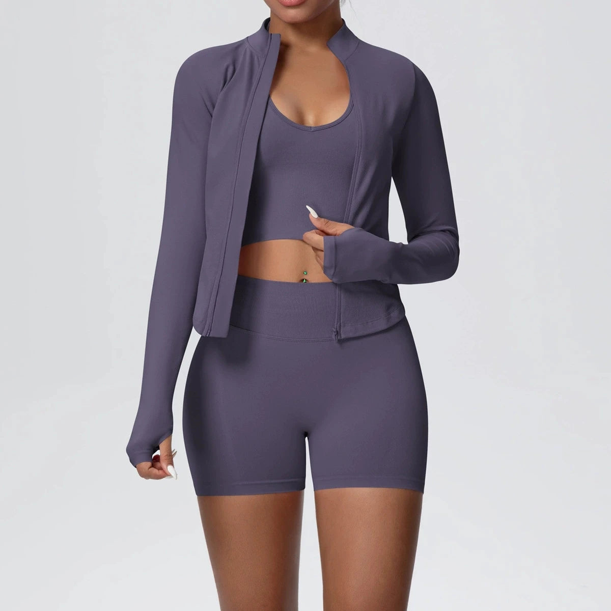 Mulheres sem costura conjunto de yoga 3 pçs roupas de treino esportes ginásio legging à prova de choque sutiã de fitness colheita superior manga longa terno de yoga