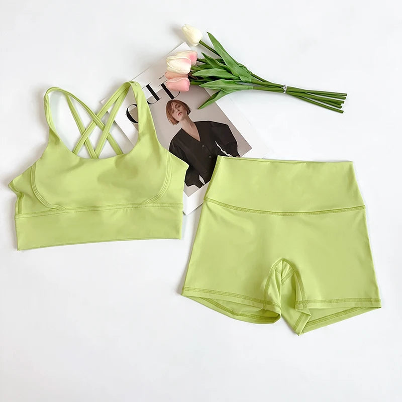 2 pçs conjuntos de yoga nu sentir ginásio conjunto feminino roupas de treino cintura alta shorts de yoga e tiras sutiã esportivo conjuntos curtos verão