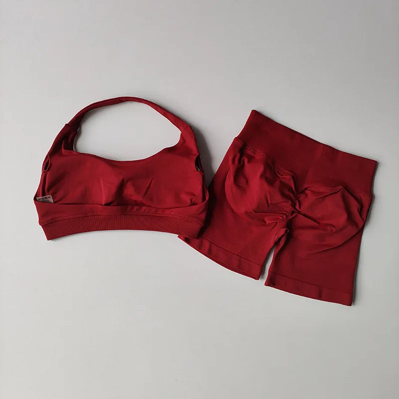 Conjunto de Yoga Feminino com Top Halter e Shorts de Cintura Alta, Ajuste Justo e Versátil para Fitness e Esportes
