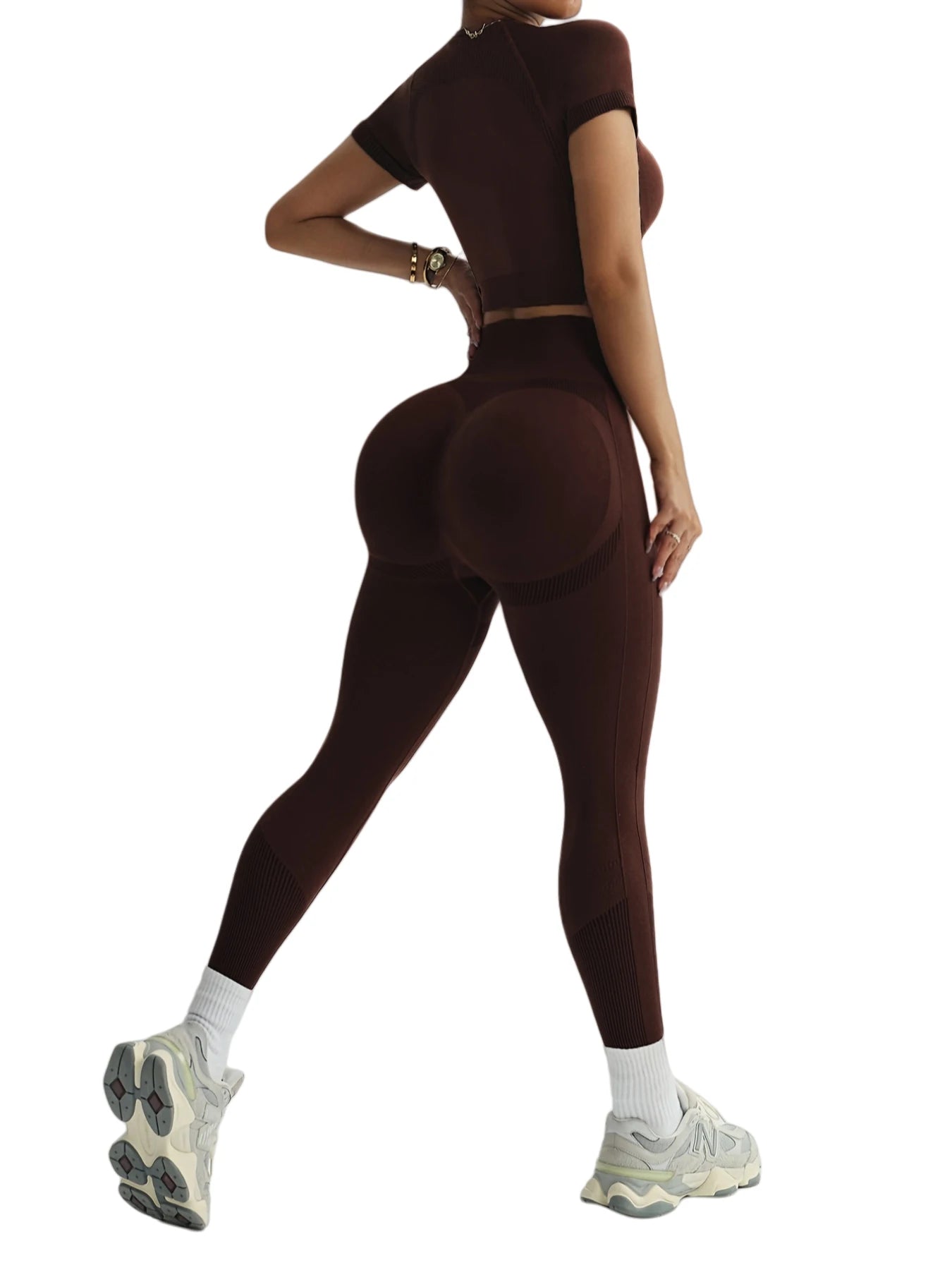 Conjunto de roupas esportivas resistentes das mulheres de 2 pces, mangas curtas respiráveis sem cintura e calças de cintura alta, treino de ginásio de yoga para correr,