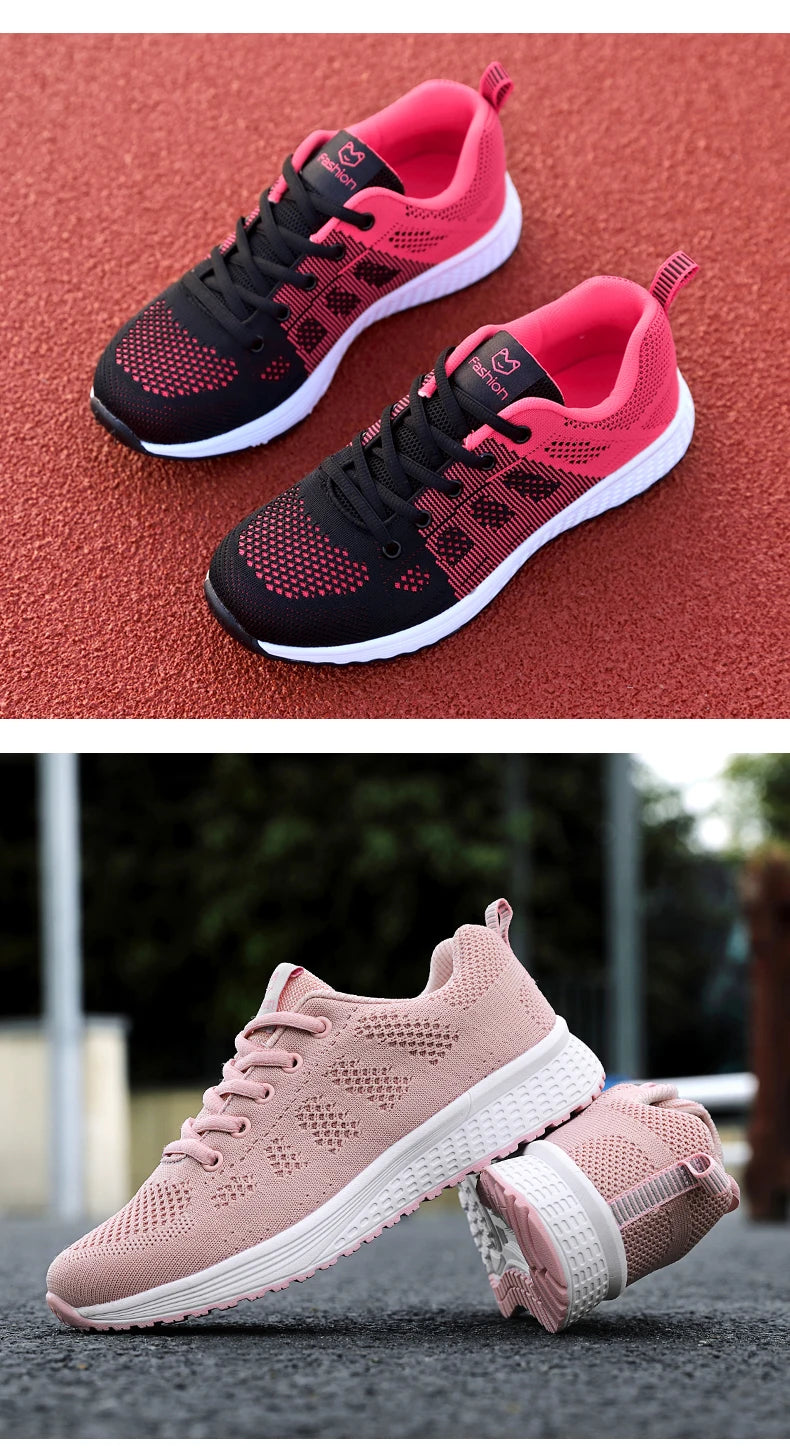 Tênis Casuais Femininos, Moda Respirável, Sapatos Planos de Malha para Caminhada, Tênis para Corrida e Academia, Calçados Femininos Brancos
