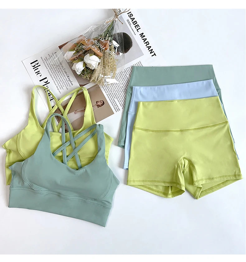 2 pçs conjuntos de yoga nu sentir ginásio conjunto feminino roupas de treino cintura alta shorts de yoga e tiras sutiã esportivo conjuntos curtos verão