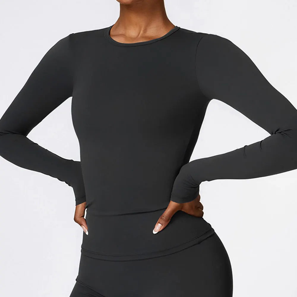 Manga comprida Yoga T-shirts para as Mulheres, Sólidos Top Sports, Ginásio Workout, Running Camisas, Sexy Exposto Umbigo, Quick Dry Fitness Wear