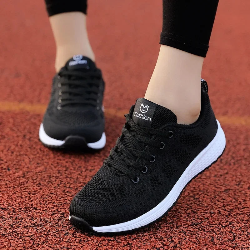 Tênis Casuais Femininos, Moda Respirável, Sapatos Planos de Malha para Caminhada, Tênis para Corrida e Academia, Calçados Femininos Brancos