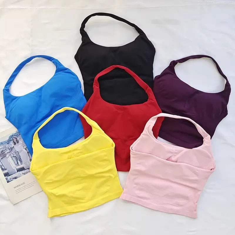 Conjunto Esportivo Feminino com Top Halter Sem Costas e Alças Acolchoadas, Sutiã Esportivo Antichoque para Yoga, Academia, Fitness e Uso Diário ao Ar Livre