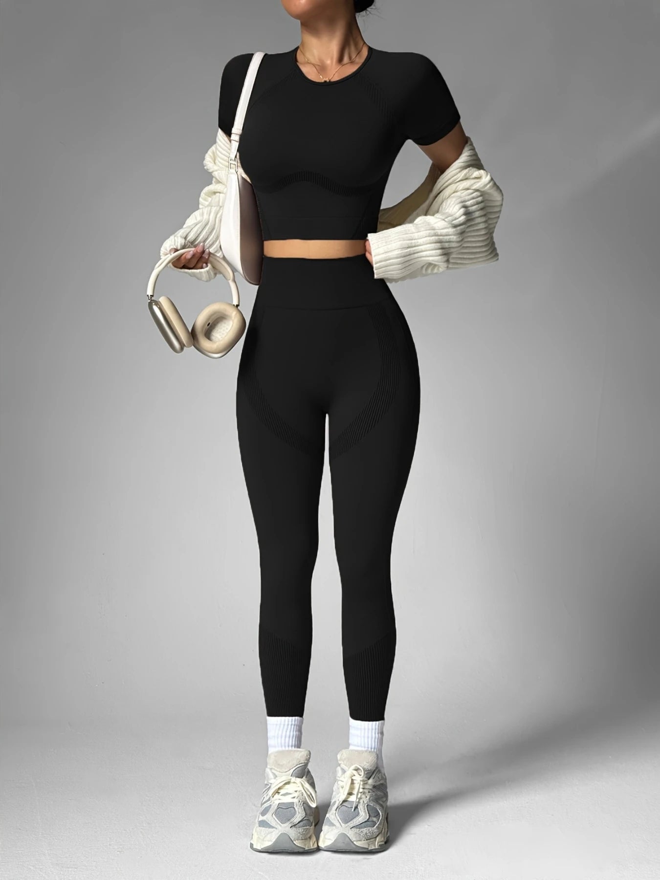 Conjunto de roupas esportivas resistentes das mulheres de 2 pces, mangas curtas respiráveis sem cintura e calças de cintura alta, treino de ginásio de yoga para correr,