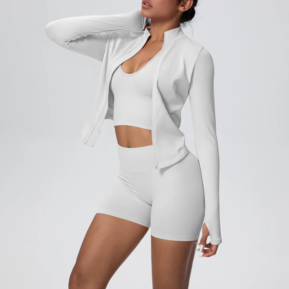 Mulheres sem costura conjunto de yoga 3 pçs roupas de treino esportes ginásio legging à prova de choque sutiã de fitness colheita superior manga longa terno de yoga