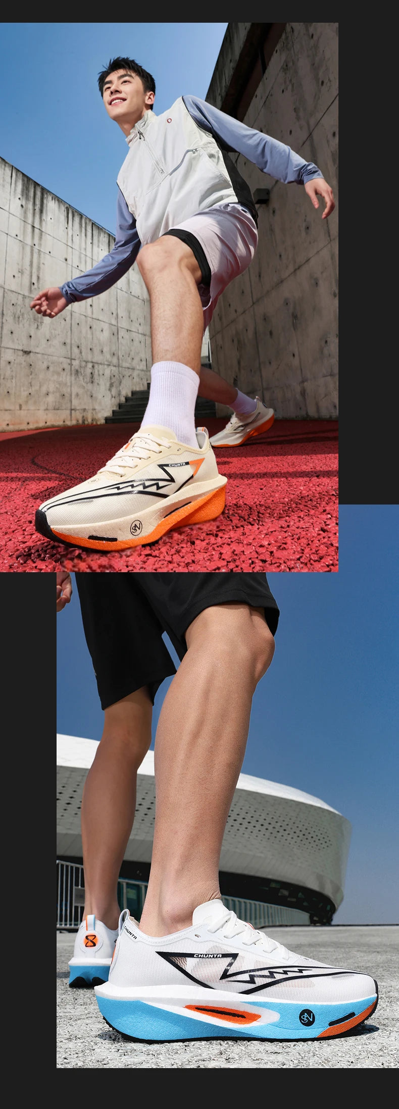 Tênis de corrida CHUNTA com placa de carbono e malha respirável para homens e mulheres, tênis esportivos para maratona com amortecimento e antiderrapantes.