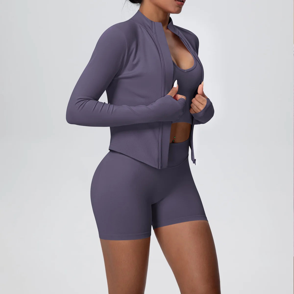Mulheres sem costura conjunto de yoga 3 pçs roupas de treino esportes ginásio legging à prova de choque sutiã de fitness colheita superior manga longa terno de yoga