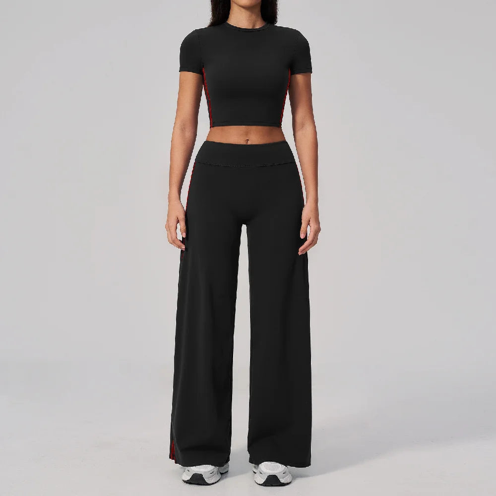 Conjunto de Roupas de Yoga Feminino 2 Peças, Roupa Esportiva para Corrida e Treino, Conjunto de Ginástica com Camiseta de Mangas Curtas, Vestuário Esportivo para Yoga