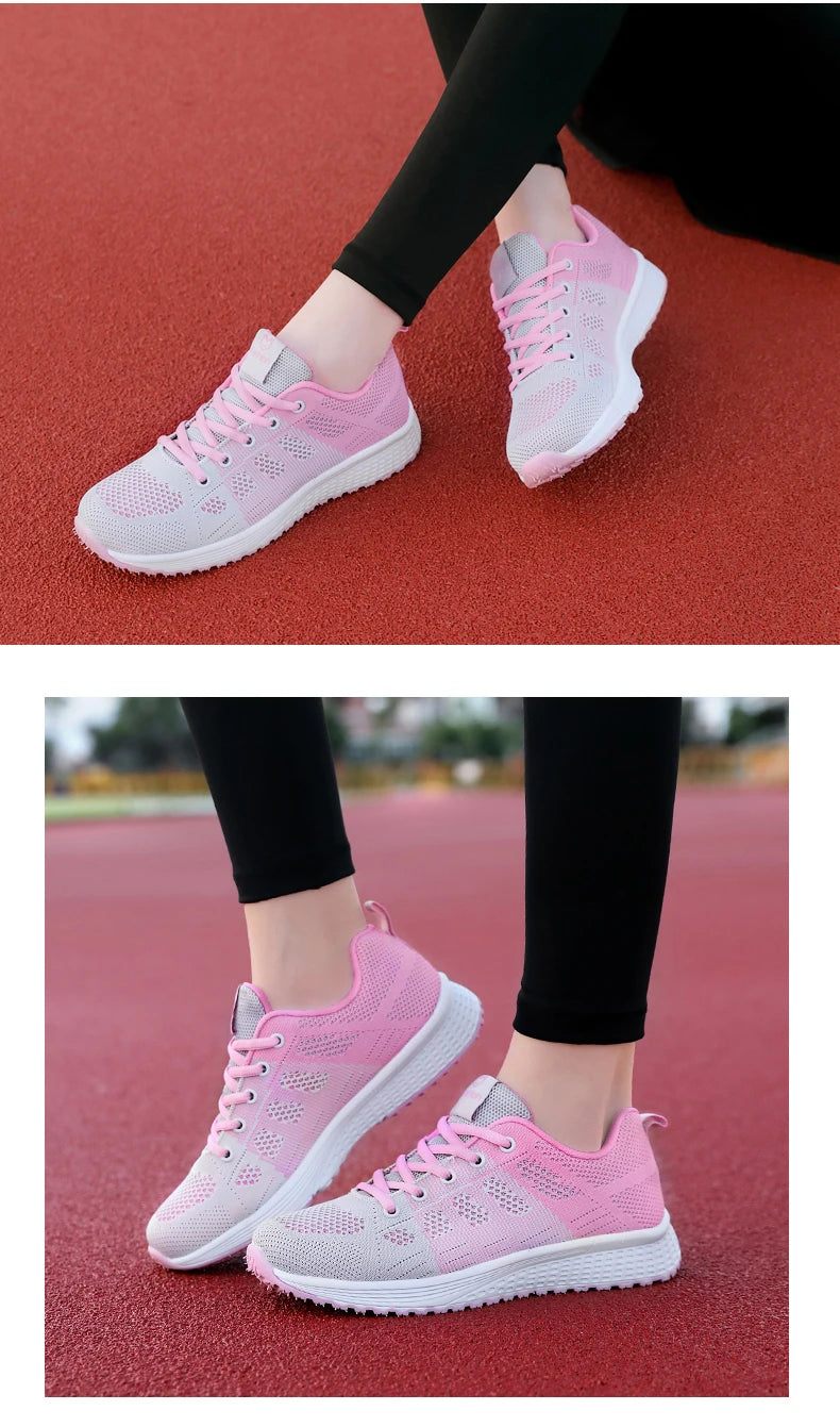 Tênis Casuais Femininos, Moda Respirável, Sapatos Planos de Malha para Caminhada, Tênis para Corrida e Academia, Calçados Femininos Brancos