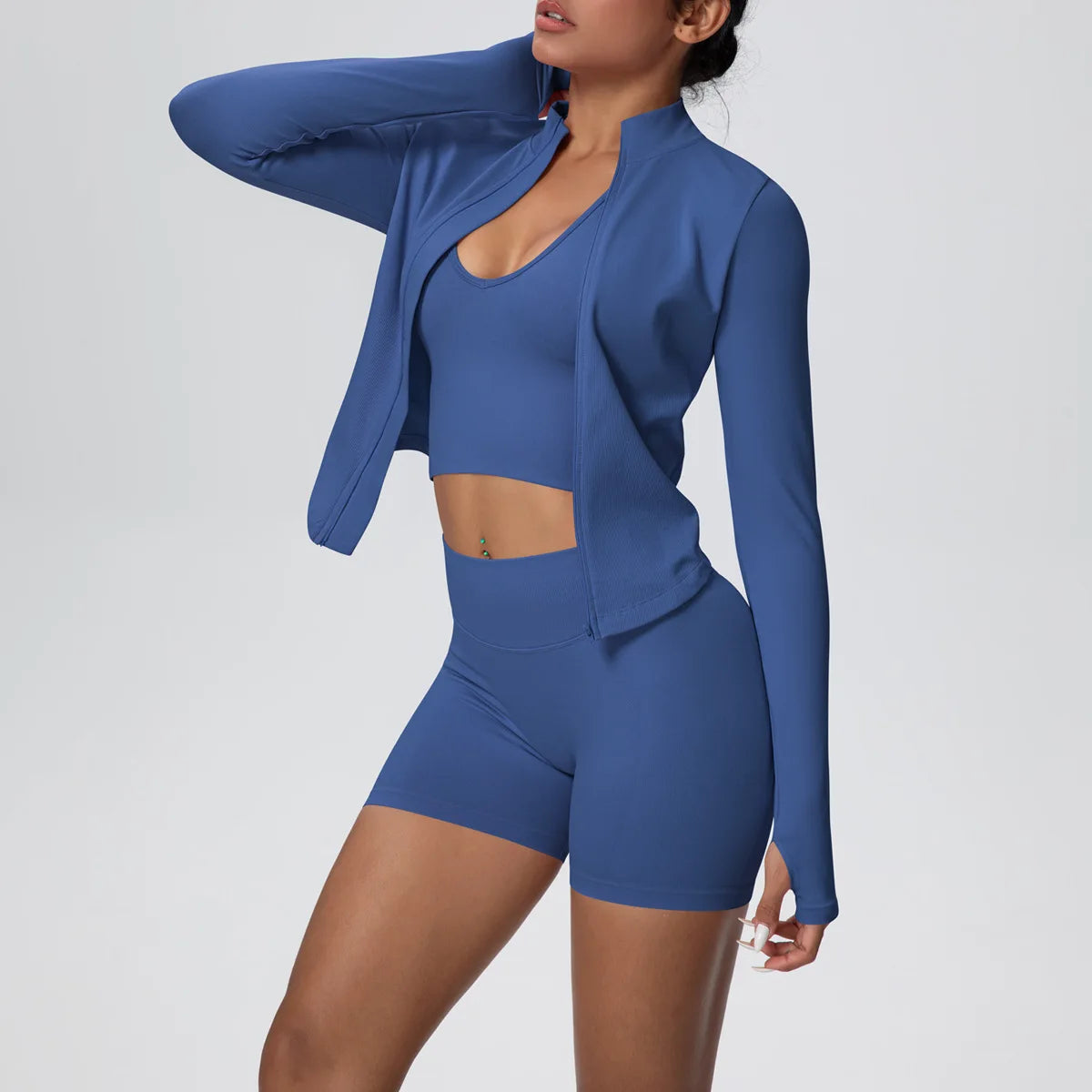 Mulheres sem costura conjunto de yoga 3 pçs roupas de treino esportes ginásio legging à prova de choque sutiã de fitness colheita superior manga longa terno de yoga