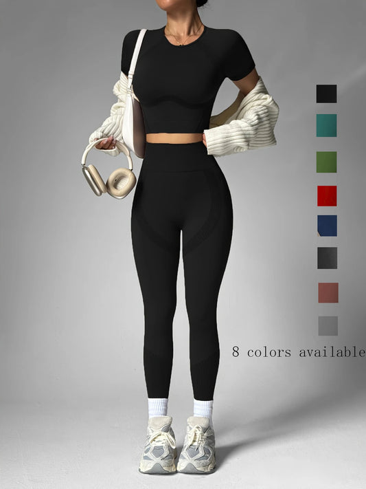 Conjunto de roupas esportivas resistentes das mulheres de 2 pces, mangas curtas respiráveis sem cintura e calças de cintura alta, treino de ginásio de yoga para correr,