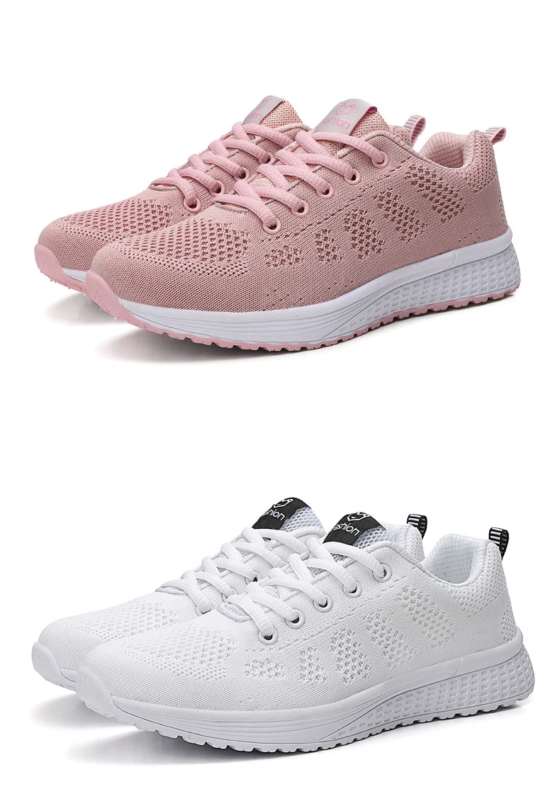 Tênis Casuais Femininos, Moda Respirável, Sapatos Planos de Malha para Caminhada, Tênis para Corrida e Academia, Calçados Femininos Brancos