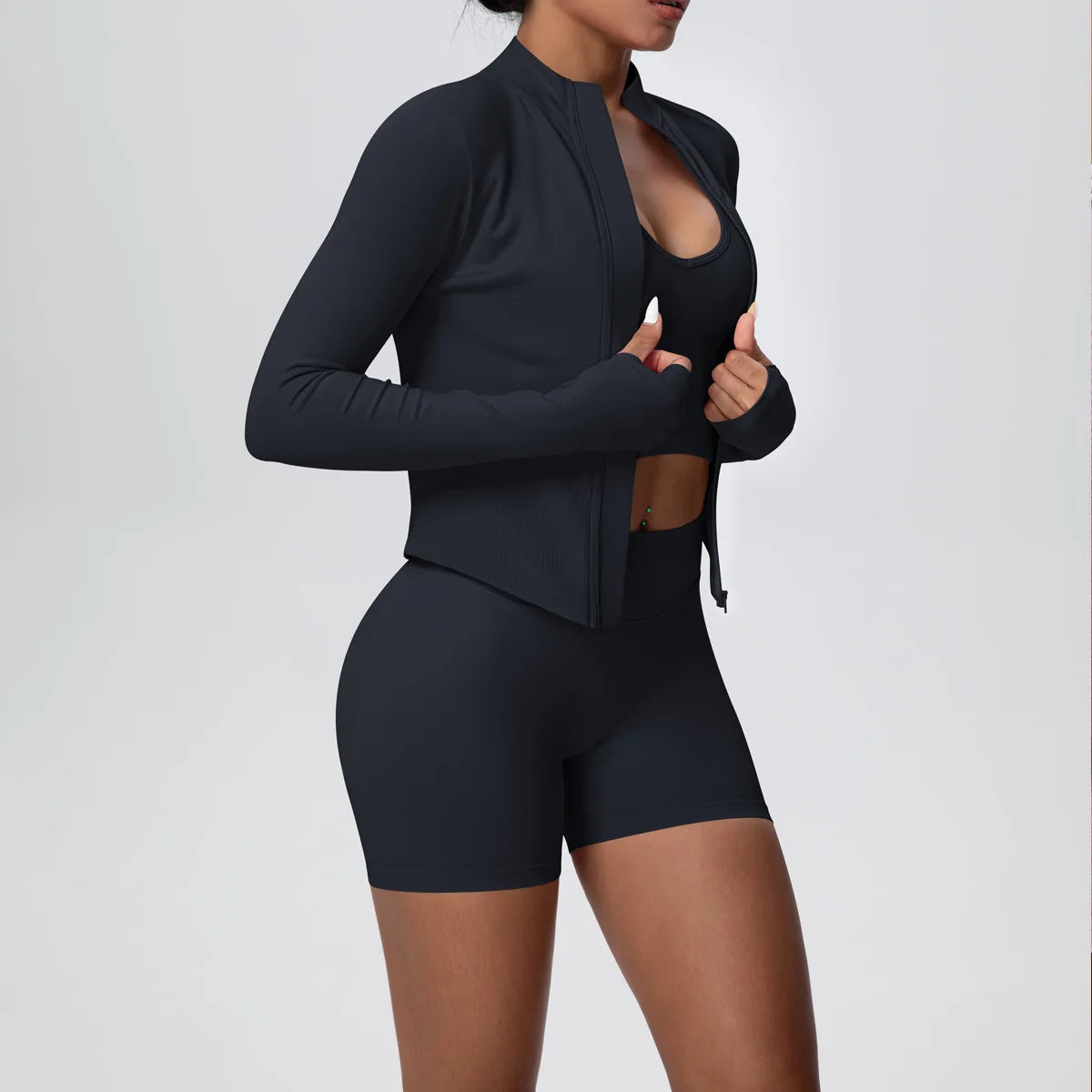 Mulheres sem costura conjunto de yoga 3 pçs roupas de treino esportes ginásio legging à prova de choque sutiã de fitness colheita superior manga longa terno de yoga