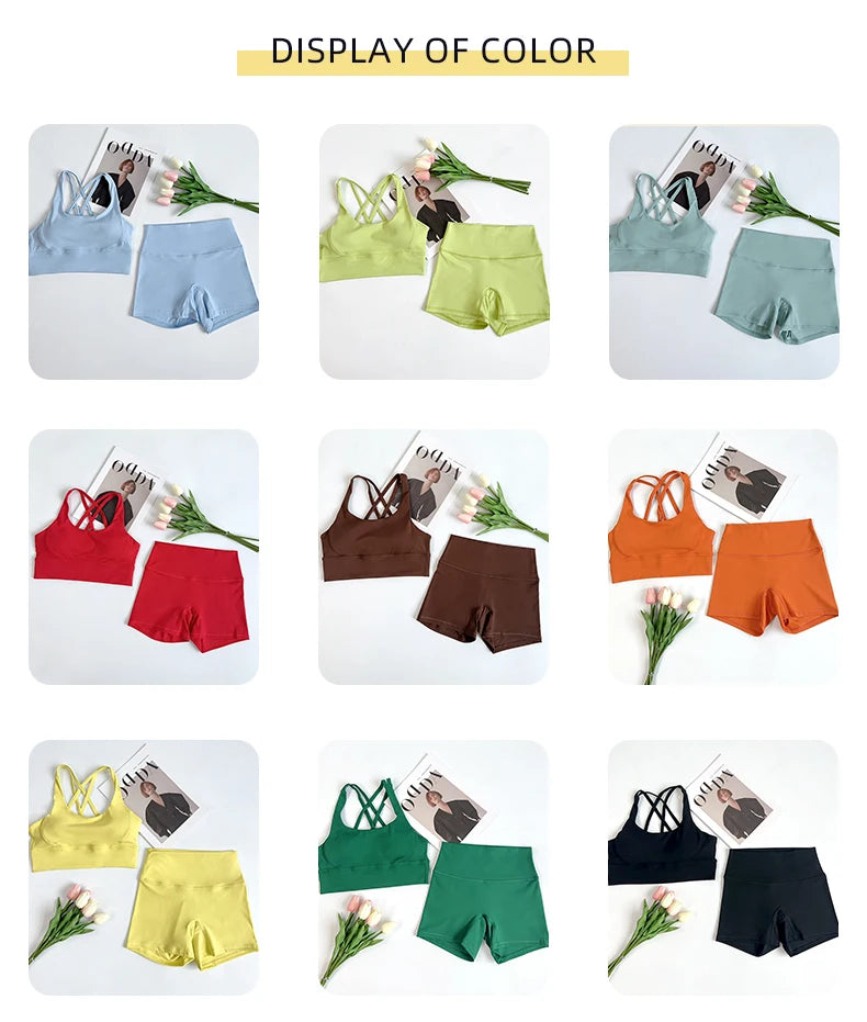 2 pçs conjuntos de yoga nu sentir ginásio conjunto feminino roupas de treino cintura alta shorts de yoga e tiras sutiã esportivo conjuntos curtos verão