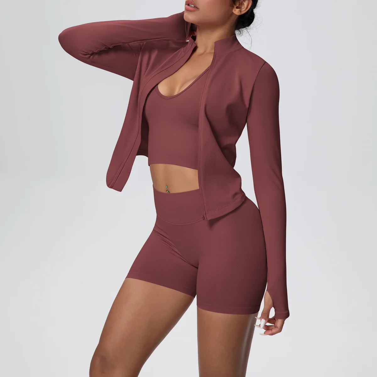 Mulheres sem costura conjunto de yoga 3 pçs roupas de treino esportes ginásio legging à prova de choque sutiã de fitness colheita superior manga longa terno de yoga
