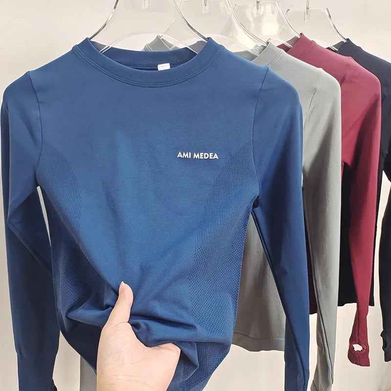 Manga longa de compressão feminina amanteigada e macia com gola redonda – Top atlético de secagem rápida para ioga, corrida, academia