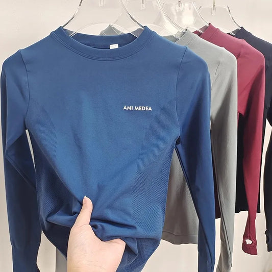 Manga longa de compressão feminina amanteigada e macia com gola redonda – Top atlético de secagem rápida para ioga, corrida, academia